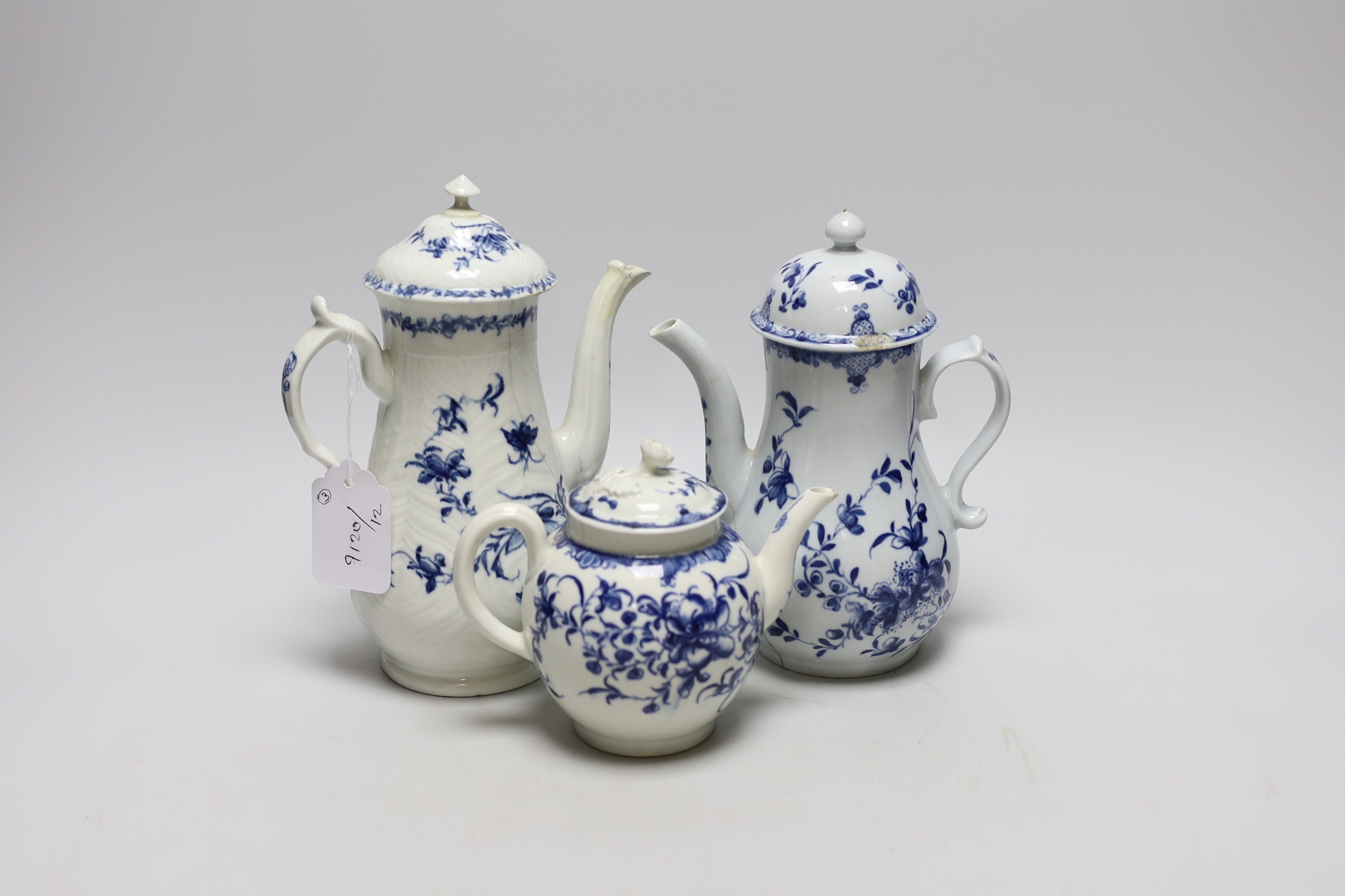 Two 18th century Worcester Mansfield pattern coffee pots and a similar teapot, (all with covers) tallest 22cms high